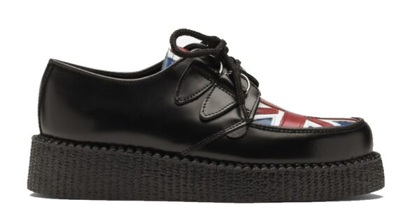 UNION JACK CREEPERS WULFRUN single sole black leather with a union jack flag print leather front apron underground wulfrun creeper made in UK