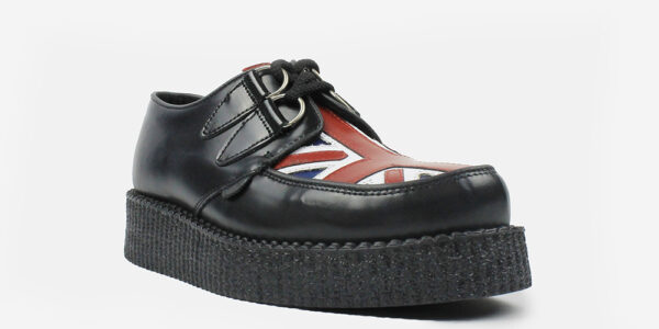 underground wulfrun creeper black leather with a union jack flag print leather front apron single sole made in UK