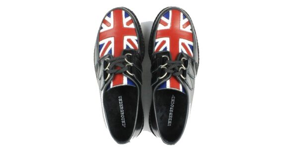 underground shoes wulfrun creeper in black leather with a union jack flag print leather front apron made in UK