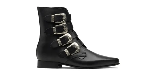 WINKLEPICKER BUCKLE BOOT black leather with four western style buckles underground winklepicker ankle Peck boot