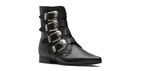 underground winklepicker ankle Peck boot black leather with four western style buckles