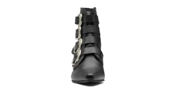 winklepicker ankle Peck boot from underground in black leather with four western style buckles