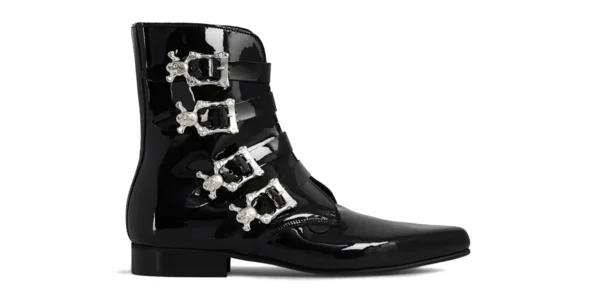 PATENT SKULL BOOTS black patent leather with four skull style buckles underground winklepicker Peck boot