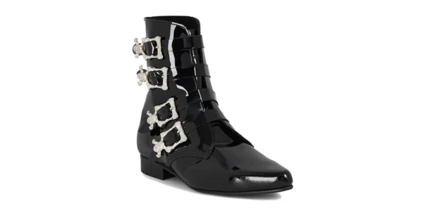 underground winklepicker Peck boot black patent leather with four skull style buckles