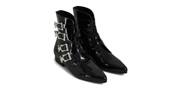 black patent leather with four skull style buckles winklepicker Peck boots by underground