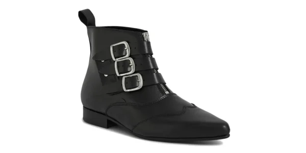 underground winklepicker ankle height Blitz boot black leather with three buckles