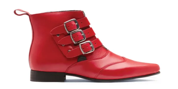 Red Leather Pike Boots red leather with three buckles underground winklepicker ankle height Blitz boot