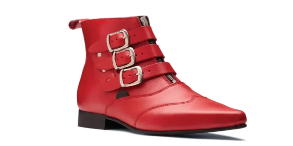 underground winklepicker ankle height Blitz boot red leather with three buckles