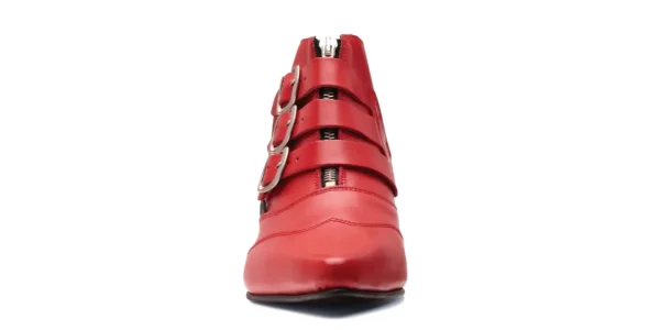 winklepicker ankle height Blitz boot from underground in red leather with three buckles