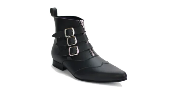 underground winklepicker ankle height Blitz boot black onmicro vegan leather with three buckles