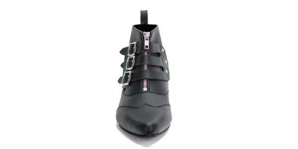 winklepicker ankle height Blitz boot from underground in black onmicro vegan leather with three buckles