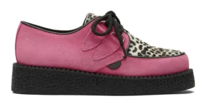 pink suede and leopard creepers single sole pink suede with a black and white leopard print front apron underground wulfrun creeper