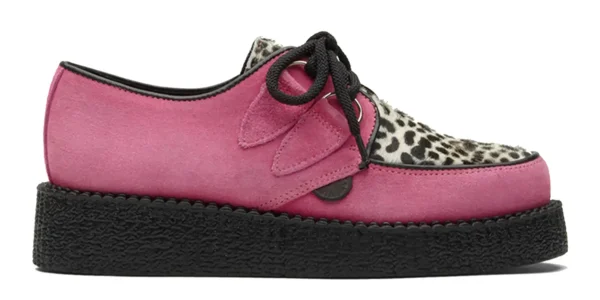 pink suede and leopard creepers single sole pink suede with a black and white leopard print front apron underground wulfrun creeper