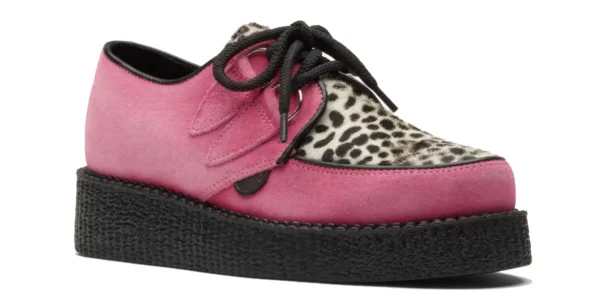 underground wulfrun creeper pink suede with a black and white leopard print front apron single sole