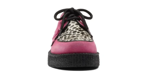 wulfrun creeper from underground in pink suede with a black and white leopard print front apron on a single sole