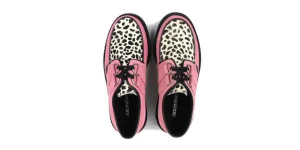 underground shoes wulfrun creeper in pink suede with a black and white leopard print front apron