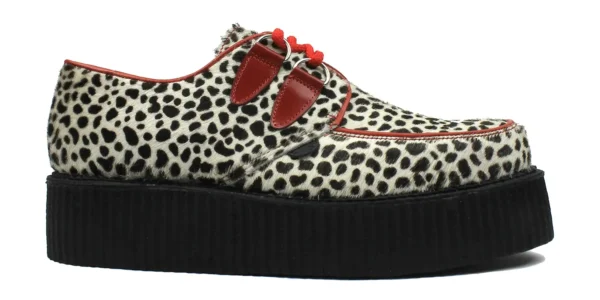 Leopard Creeper Shoe double sole black and white leopard print with red leather trim and red laces underground wulfrun creeper