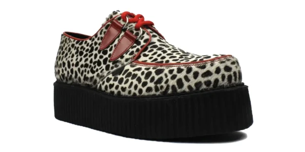 underground wulfrun creeper black and white leopard print with red leather trim and red laces double sole