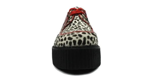 wulfrun creeper from underground in black and white leopard print with red leather trim and red laces on a double sole