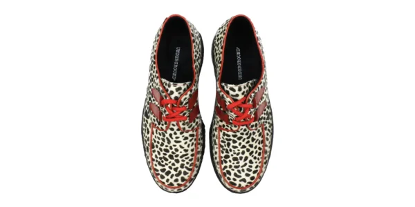 underground shoes wulfrun creeper in black and white leopard print with red leather trim and red laces