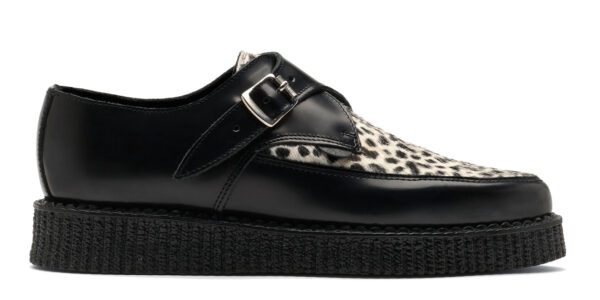 Leather and Leopard Creeper Shoe single sole black leather with a black and white leopard print front apron underground apollo buckle creeper