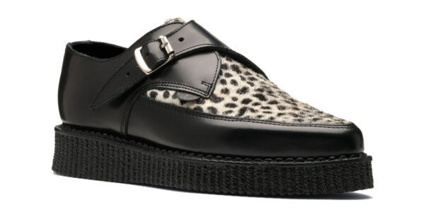 underground apollo buckle creeper black leather with a black and white leopard print front apron single sole