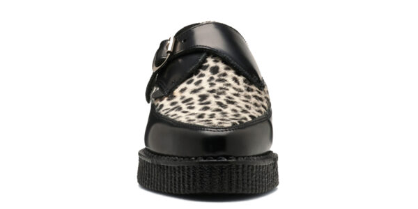 apollo buckle creeper from underground in black leather with a black and white leopard print front apron on a single sole