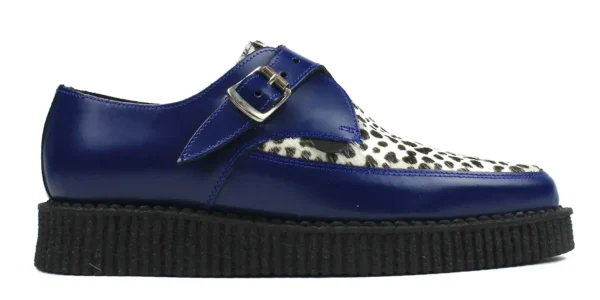 single sole royal blue leather with a black and white leopard print front apron underground apollo buckle creeper