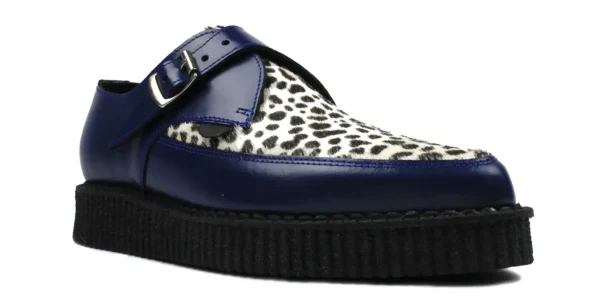 underground apollo buckle creeper royal blue leather with a black and white leopard print front apron single sole