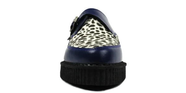 apollo buckle creeper from underground in royal blue leather with a black and white leopard print front apron on a single sole