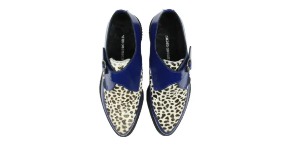 underground shoes apollo buckle creeper in royal blue leather with a black and white leopard print front apron