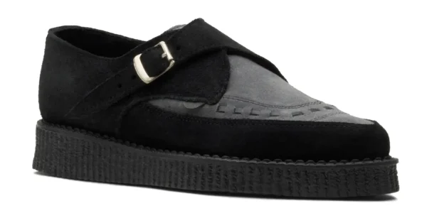 underground apollo buckle creeper black suede with a grey suede front apron single sole