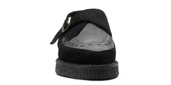 apollo buckle creeper from underground in black suede with a grey suede front apron on a single sole