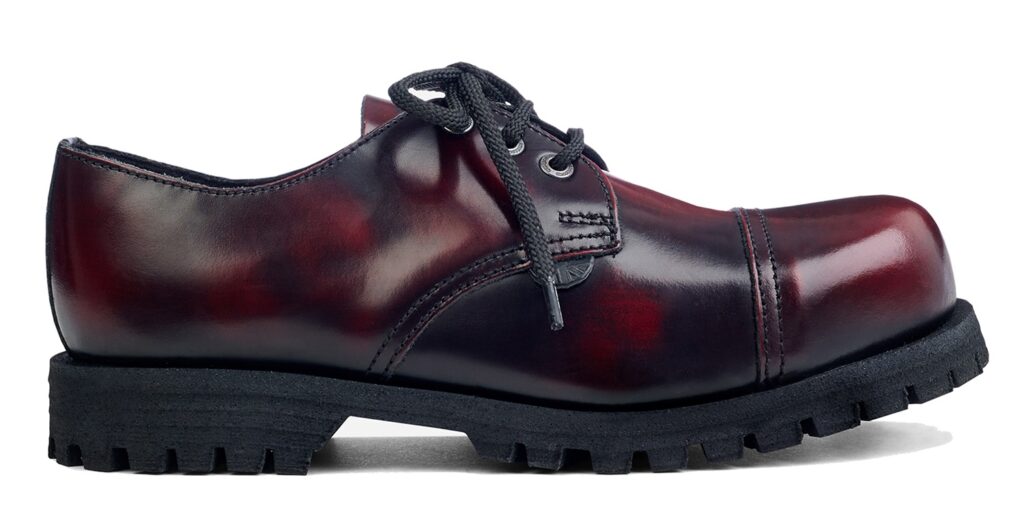 single sole burgundy rub off leather underground tracker steel toe cap shoe