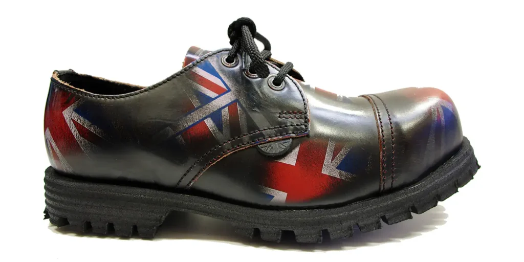 single sole union jack flag print rub of leather underground tracker steel toe cap shoe