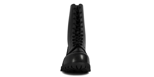 commando 10 eyelet steel toe cap boot from underground in black leather on a single sole