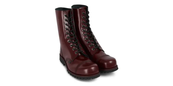 cherry leather single sole commando 10 eyelet steel toe cap boot by underground