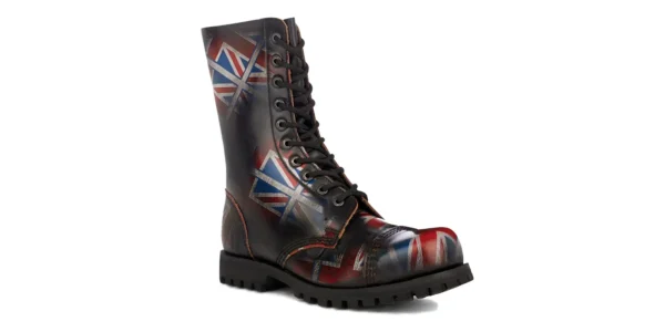 underground commando 10 eyelet steel toe cap boot union jack flag print rub off leather single sole