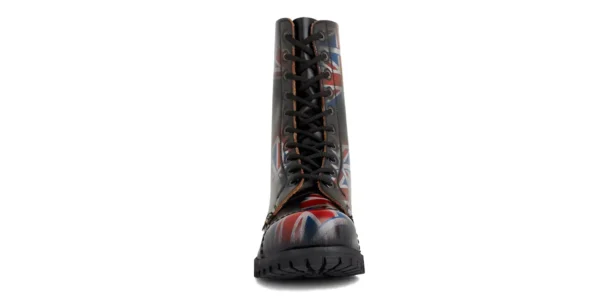 commando 10 eyelet steel toe cap boot from underground in union jack print rub off leather on a single sole