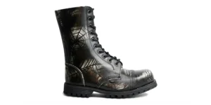 single sole black and white web print rub off leather underground commando 10 eyelet steel toe cap boot