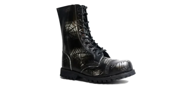 underground commando 10 eyelet steel toe cap boot black and white web print rub off leather single sole