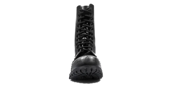 commando 10 eyelet steel toe cap boot from underground in black and white web print rub off leather on a single sole