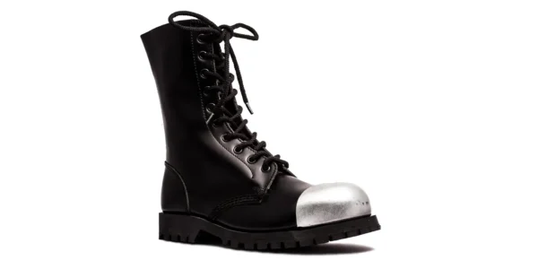 underground commando 10 eyelet steel toe cap boot black leather with an external steel toe cap single sole