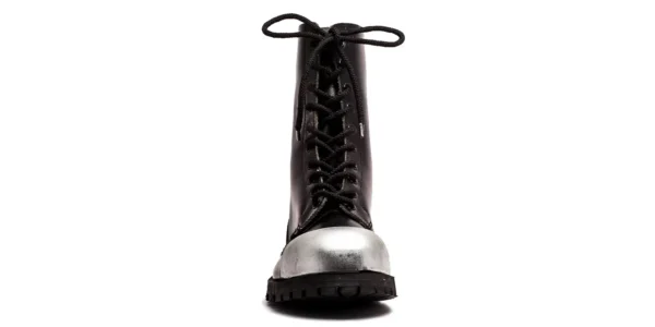 commando 10 eyelet steel toe cap boot from underground in black leather with an external steel toe cap on a single sole