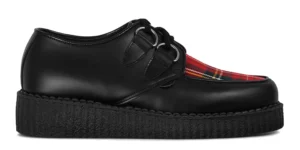 UK Creeper Shoes single sole black leather with a stewart tartan front apron underground wulfrun creeper made in uk