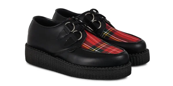 wulfrun creeper from underground in black leather with a stewart tartan front apron on a single sole made in uk