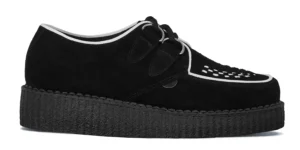 BRITISH CREEPER SHOES single sole black suede with white leather trim and interlace underground wulfrun creeper made in uk