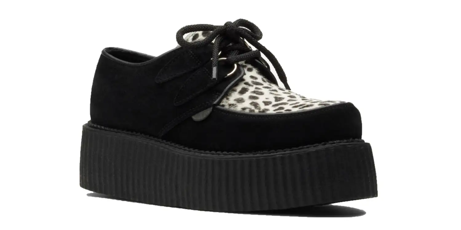 underground wulfrun creeper black suede with a black and white leopard print front apron double sole made in uk
