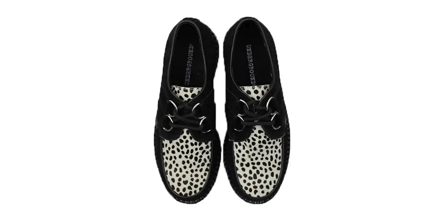 underground shoes wulfrun creeper in black suede with a black and white leopard print front apron made in uk