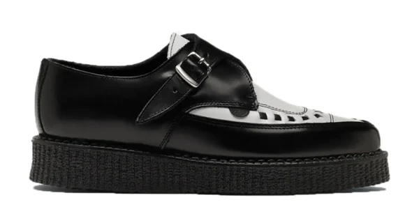 Black and White Buckle Creepers Black and White Leather Creepers single sole black leather with a white leather front apron underground apollo buckle creeper